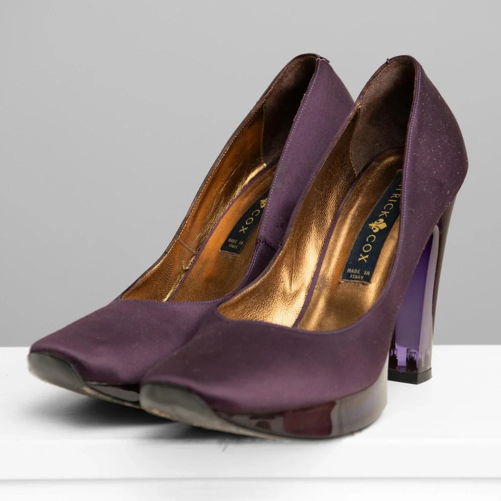 Patrick Cox Purple Platform Block Heels Sz 8.5 Glam Y2K 90s Chic Runway Mod Gala